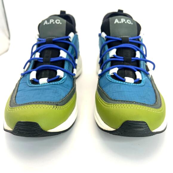 A.P.C. Little Joe Sneakers Logo Ripstop Leather Neoprene EU 39 Blue Green Bungee - Picture 2 of 9